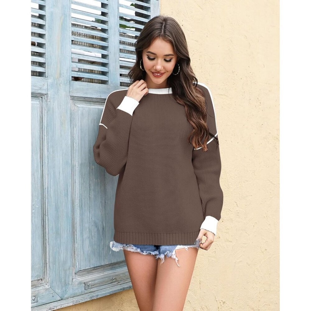 Women's Pure Coffee Oversized Winter Clothes Batwing Long Sleeve Knit Sweater - Picture 2 of 5